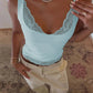Light blue lace trim tank top for women, stylish summer fashion with delicate neckline detail