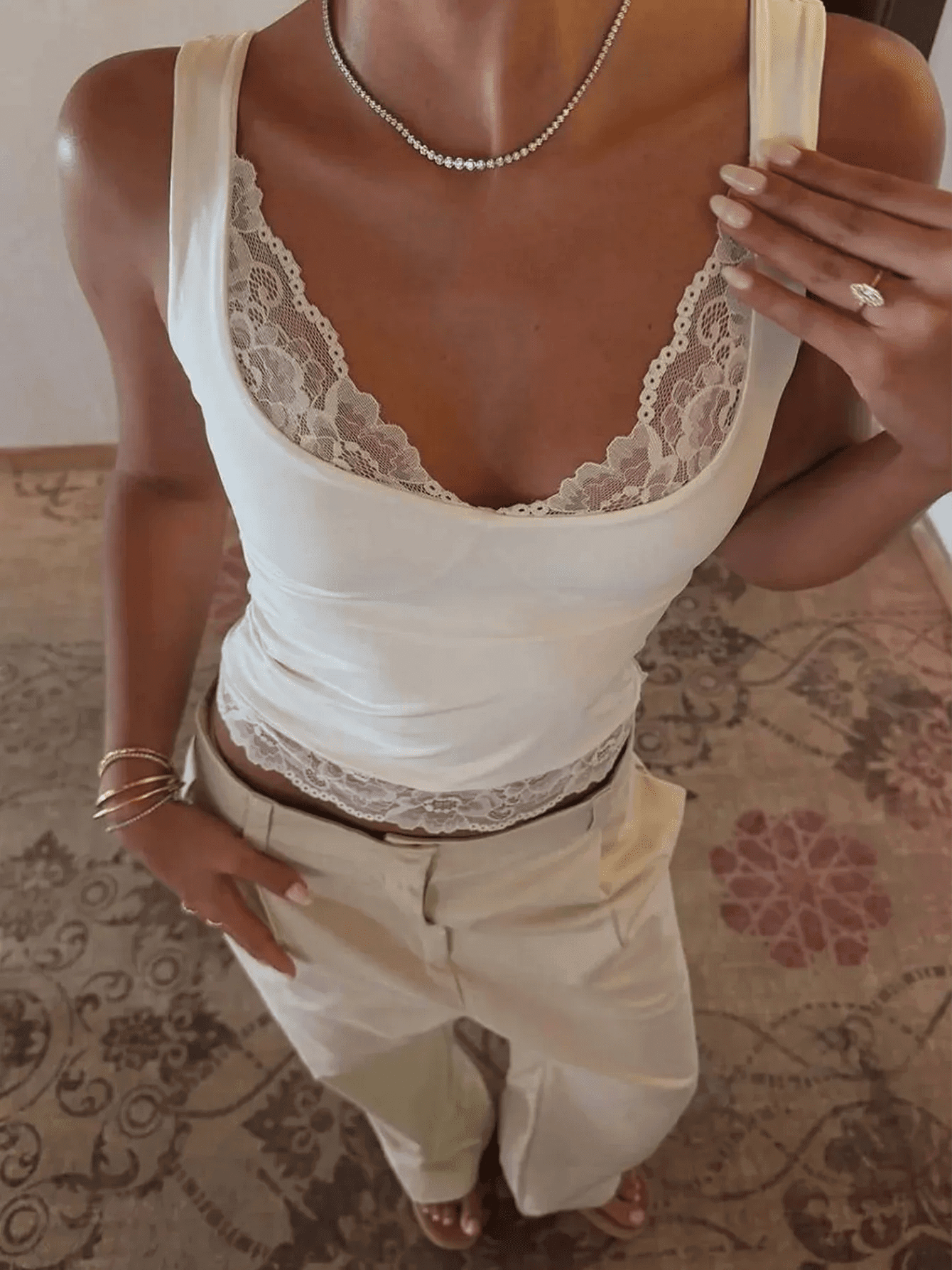 White lace-trim tank top with matching pants, styled for women's fashion