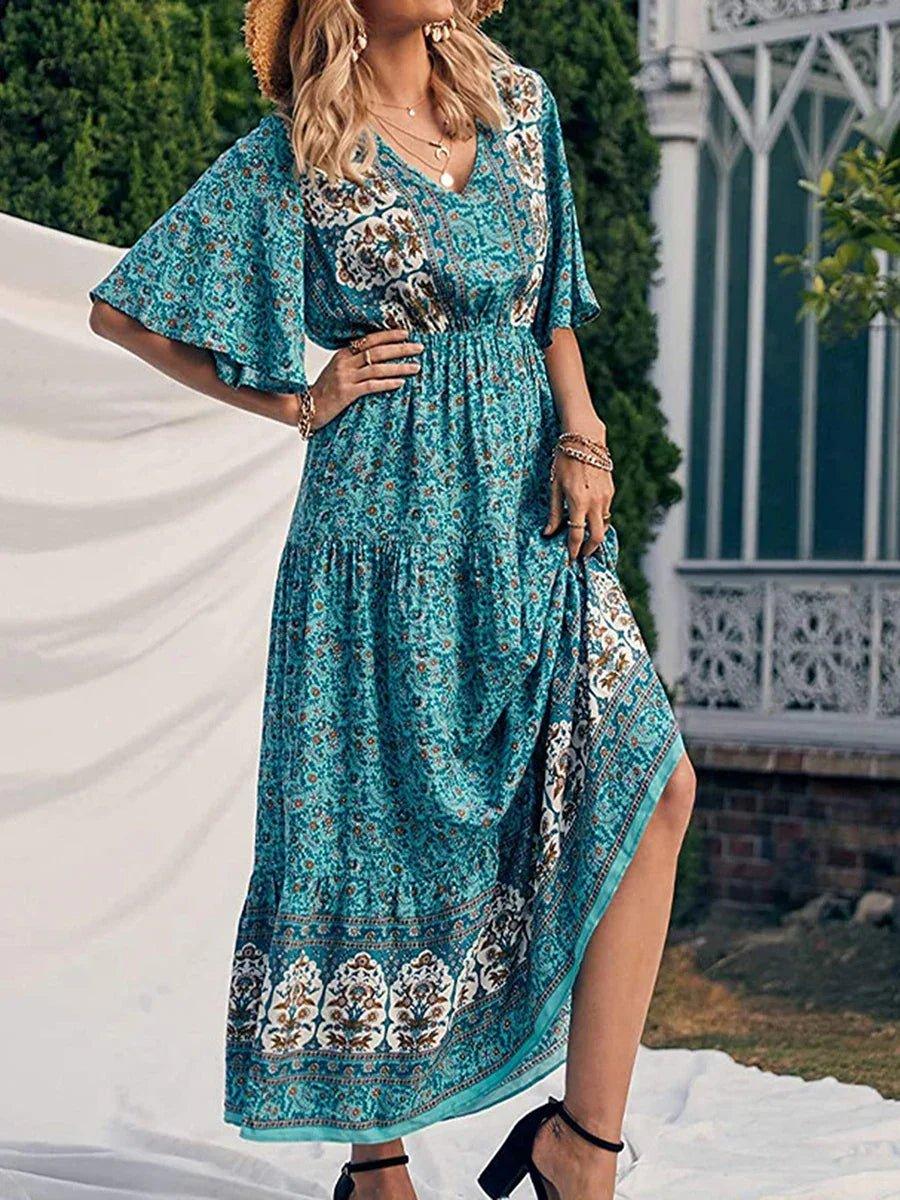 Elegant Casual Long Dress Boho Print Design Short Sleeve V Neck Summer Dress For Women 2024 Fashion - Womans Fashion