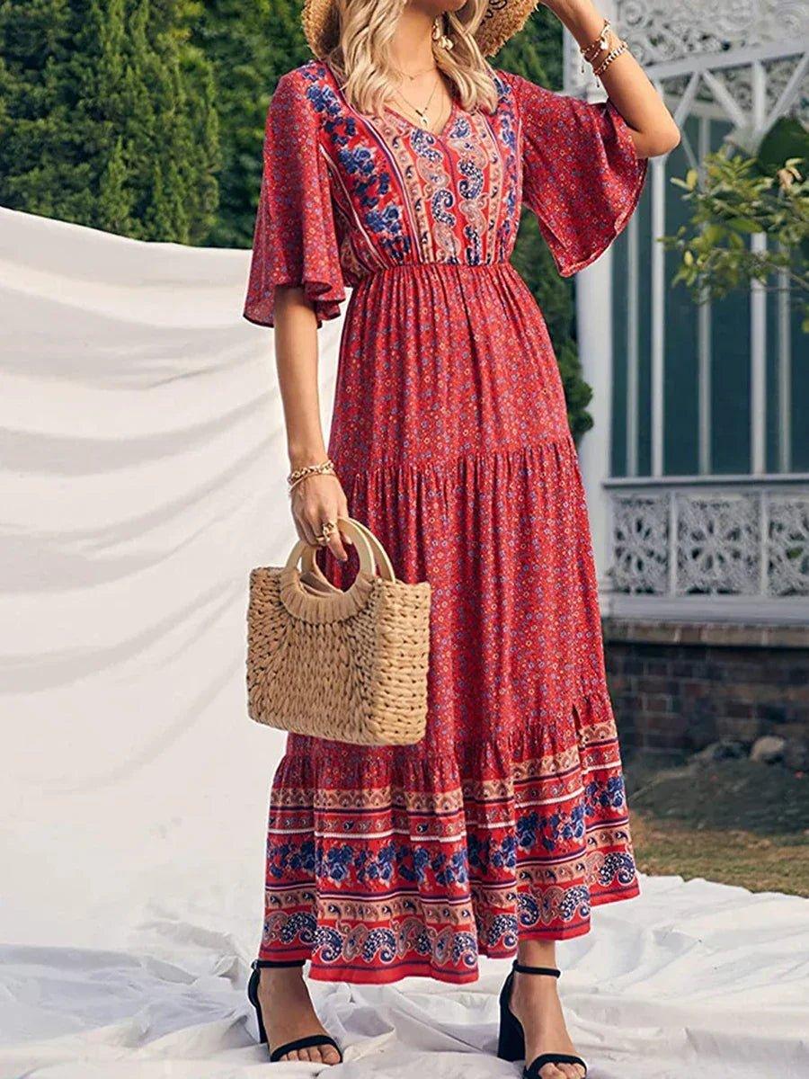 Elegant Casual Long Dress Boho Print Design Short Sleeve V Neck Summer Dress For Women 2024 Fashion - Womans Fashion