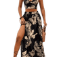 Elegant Deep V - neck Dress Women Summer Sleeveless Printed Vest Skirt Set Sexy High Slit Trend Dresses - Womans Fashion