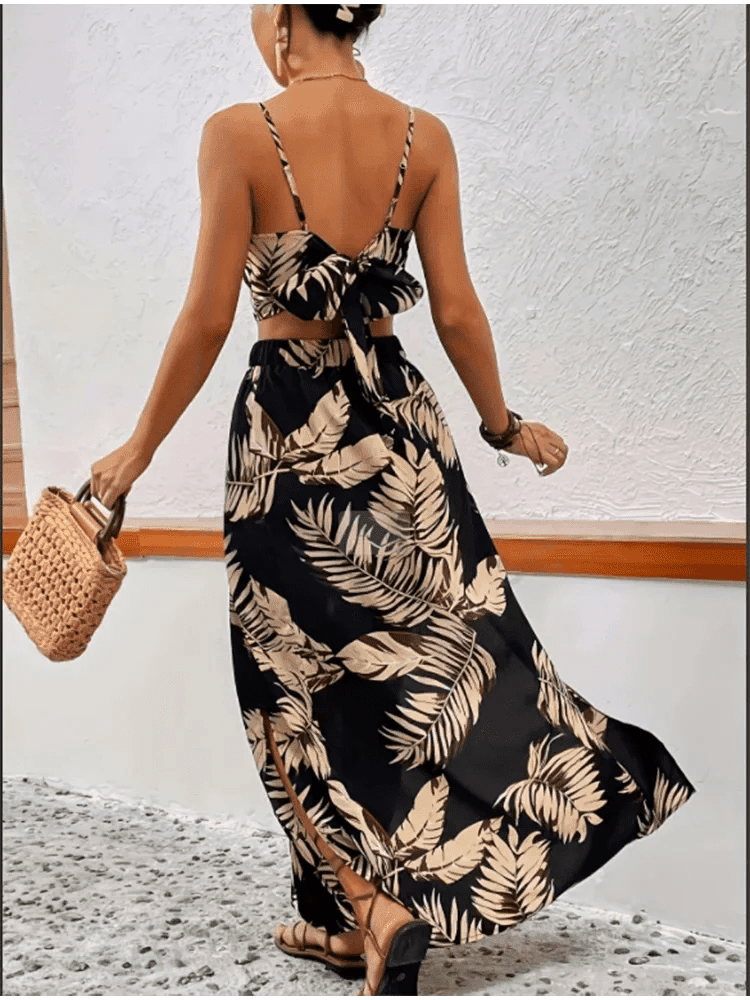 Elegant Deep V - neck Dress Women Summer Sleeveless Printed Vest Skirt Set Sexy High Slit Trend Dresses - Womans Fashion