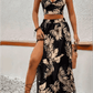 Elegant Deep V - neck Dress Women Summer Sleeveless Printed Vest Skirt Set Sexy High Slit Trend Dresses - Womans Fashion
