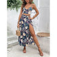 Elegant Deep V - neck Dress Women Summer Sleeveless Printed Vest Skirt Set Sexy High Slit Trend Dresses - Womans Fashion