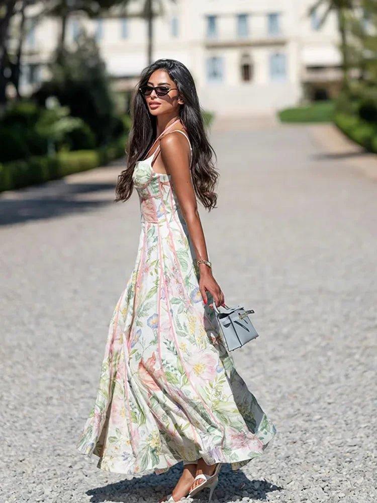 Elegant Printed Flower Women's Dress Contrast Sleeveless Halter Waist - Closed A - Line Lady Dresses Summer Fashion Vacation Robe - Womans Fashion