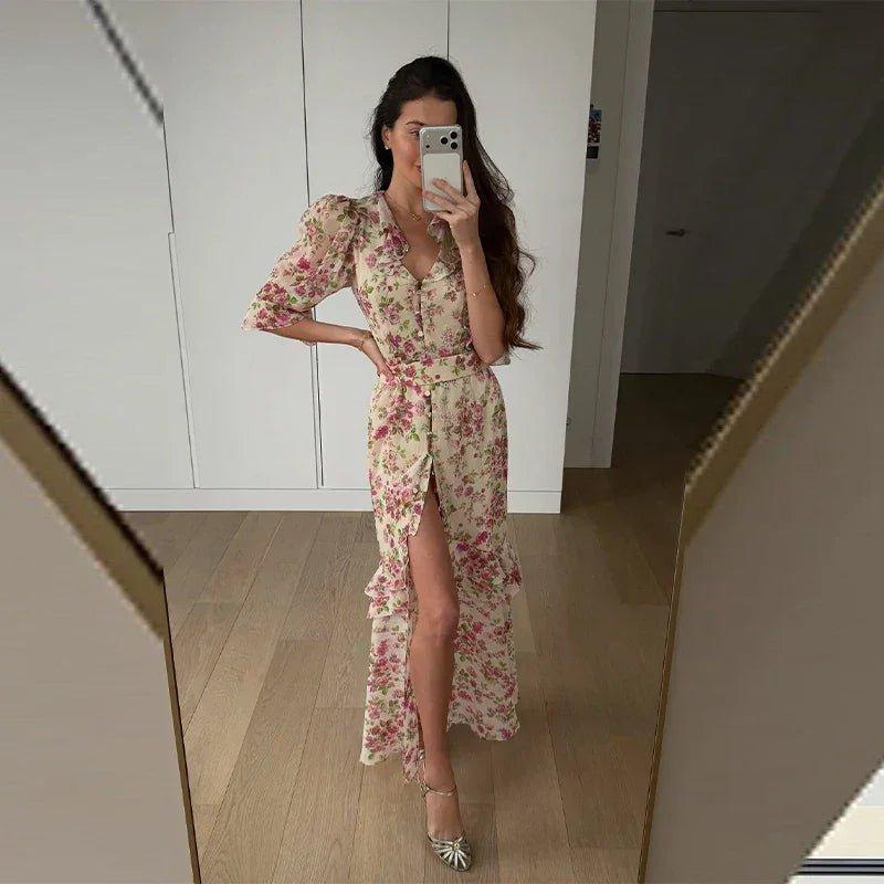 Elegant Printed Flower Women's Dress Contrast Sleeveless Halter Waist - Closed A - Line Lady Dresses Summer Fashion Vacation Robe - Womans Fashion