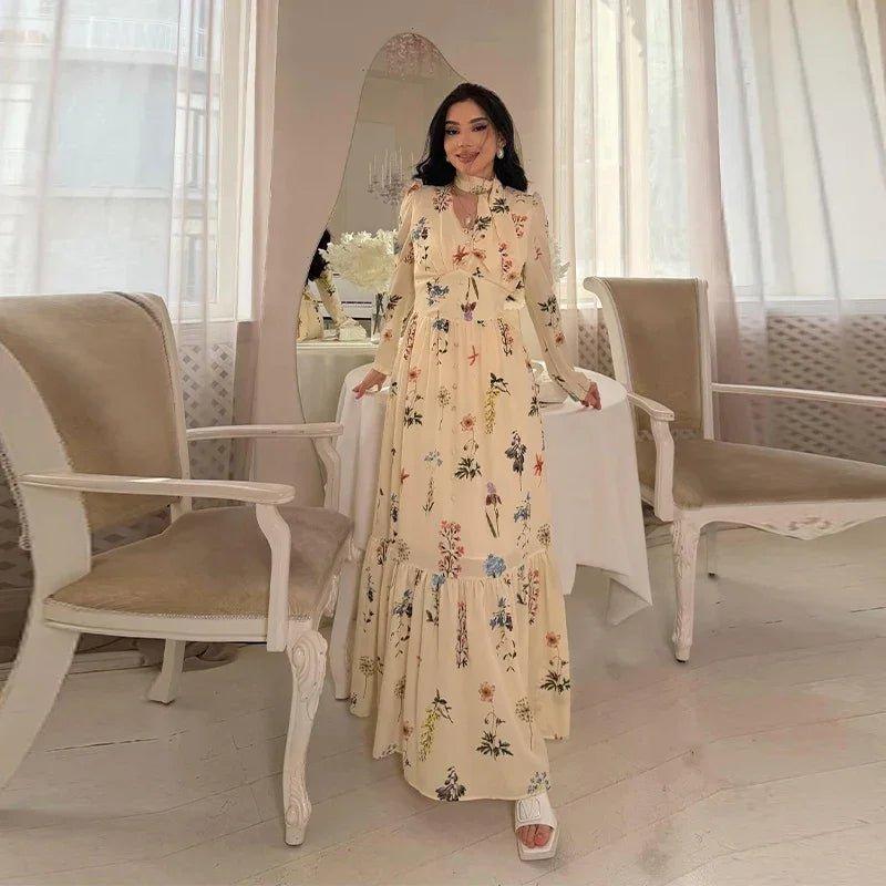 Elegant Printed Flower Women's Dress Contrast Sleeveless Halter Waist - Closed A - Line Lady Dresses Summer Fashion Vacation Robe - Womans Fashion