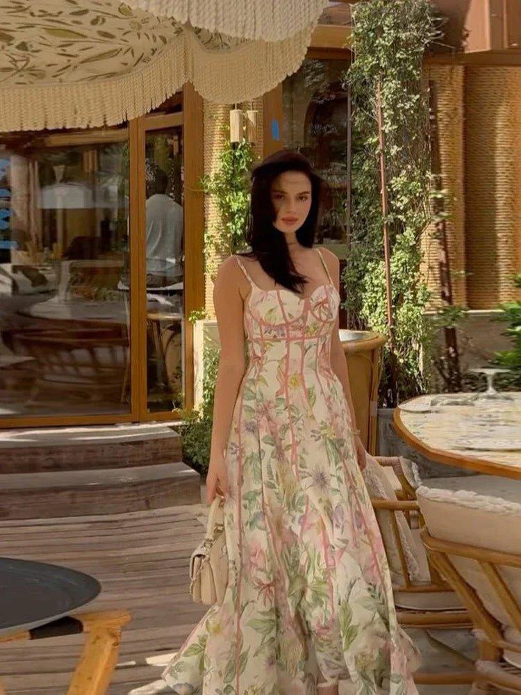 Elegant Printed Flower Women's Dress Contrast Sleeveless Halter Waist - Closed A - Line Lady Dresses Summer Fashion Vacation Robe - Womans Fashion