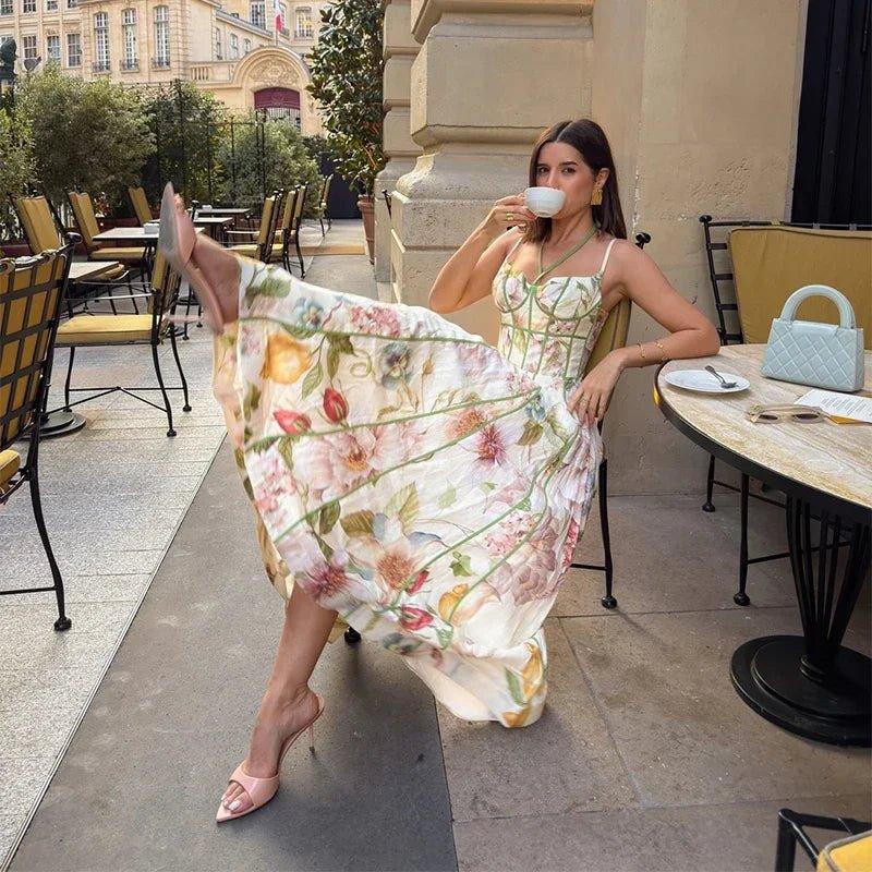 Elegant Printed Flower Women's Dress Contrast Sleeveless Halter Waist - Closed A - Line Lady Dresses Summer Fashion Vacation Robe - Womans Fashion