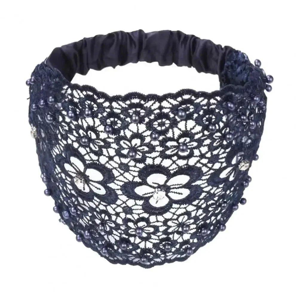 Elegant navy lace headband with floral design and pearl embellishments for women's fashion