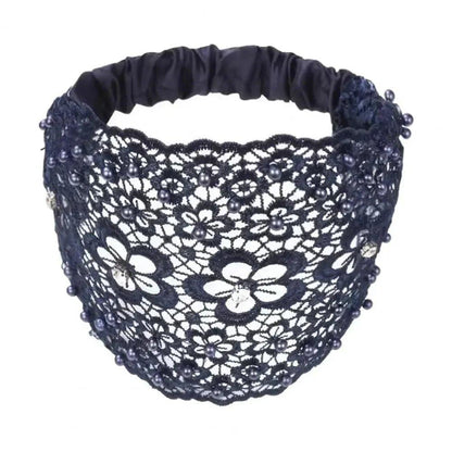 Elegant navy lace headband with floral design and pearl embellishments for women's fashion