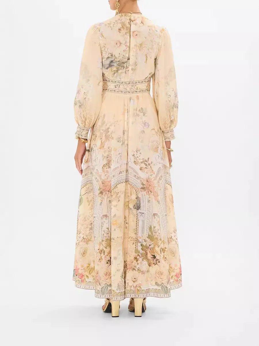Elegant floral print maxi dress with long sleeves and lace trim, perfect for women's fashion