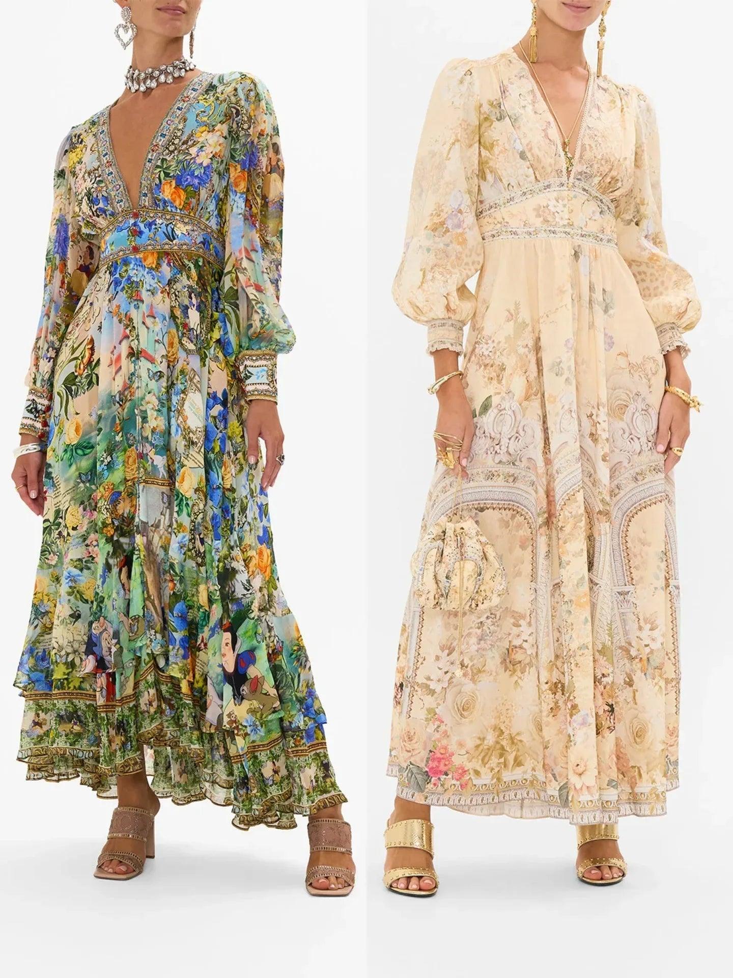 Two women in elegant floral maxi dresses with puff sleeves, perfect for boho fashion and special occasions.