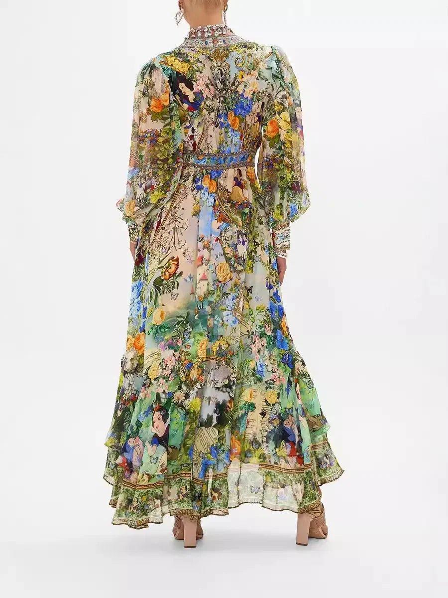 Floral print maxi dress with Disney princesses, long sleeves, and ruffled hem for women's fashion