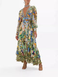 Floral print maxi dress with V-neck, long sleeves, and ruffled hem for women's fashion