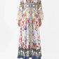Floral print maxi dress with V-neck, bell sleeves, and waist belt for women's fashion