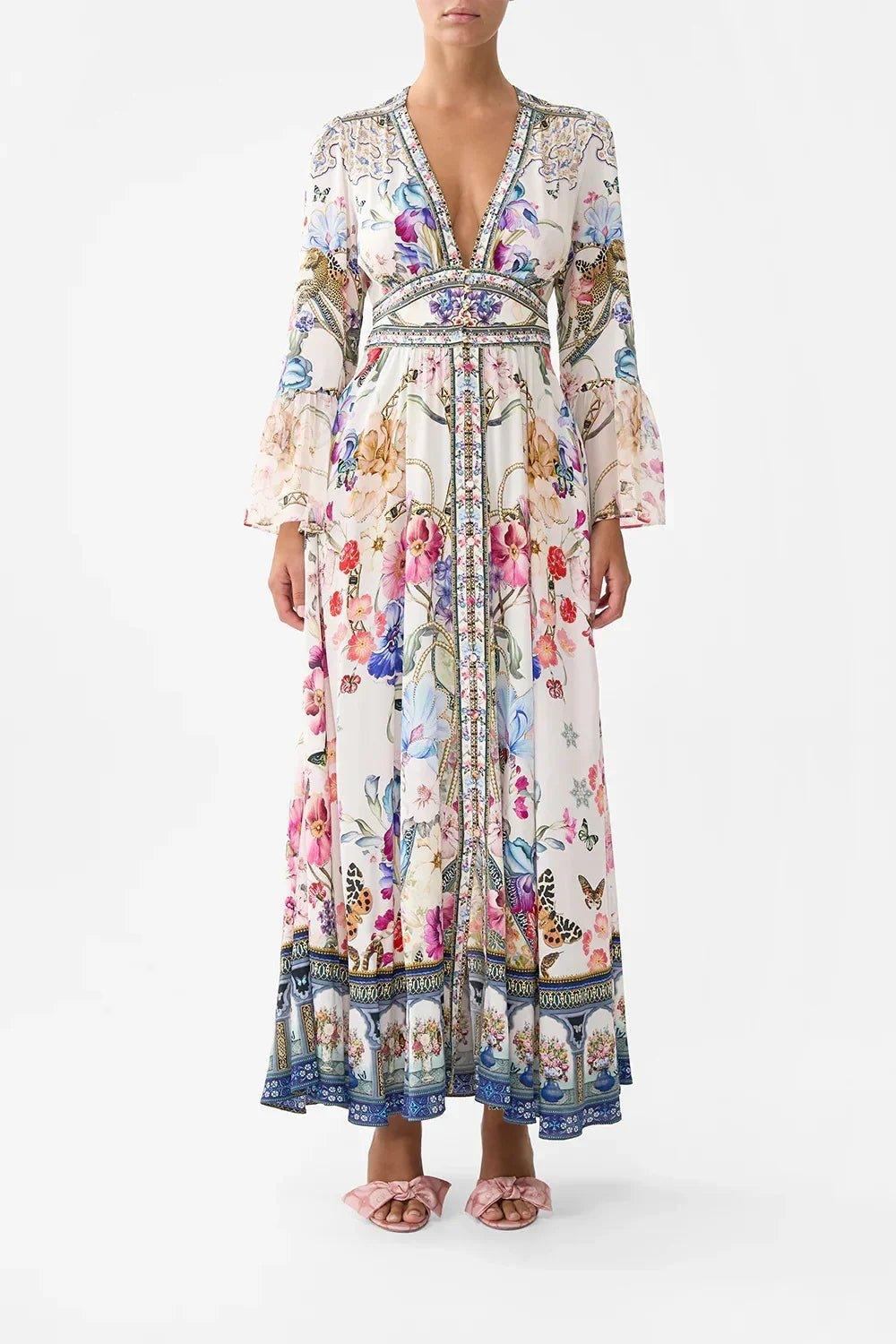 Floral print maxi dress with V-neck, bell sleeves, and waist belt for women's fashion