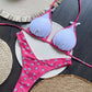 Pink floral bikini set with white top, styled with straw hats for summer fashion