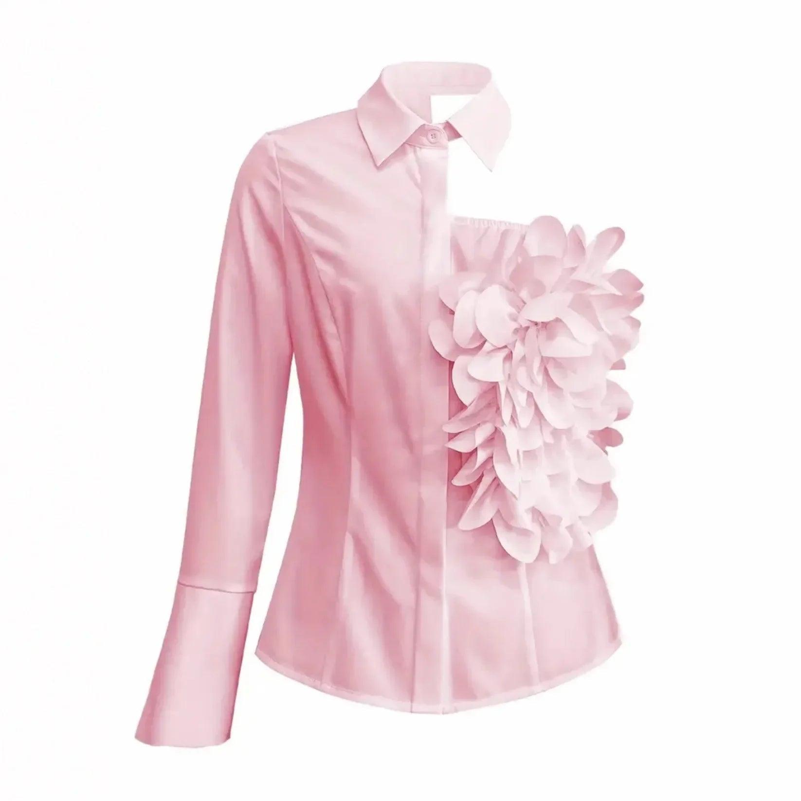 Pink women's blouse with floral ruffle detail, long sleeves, and button-down collar for fashion wear