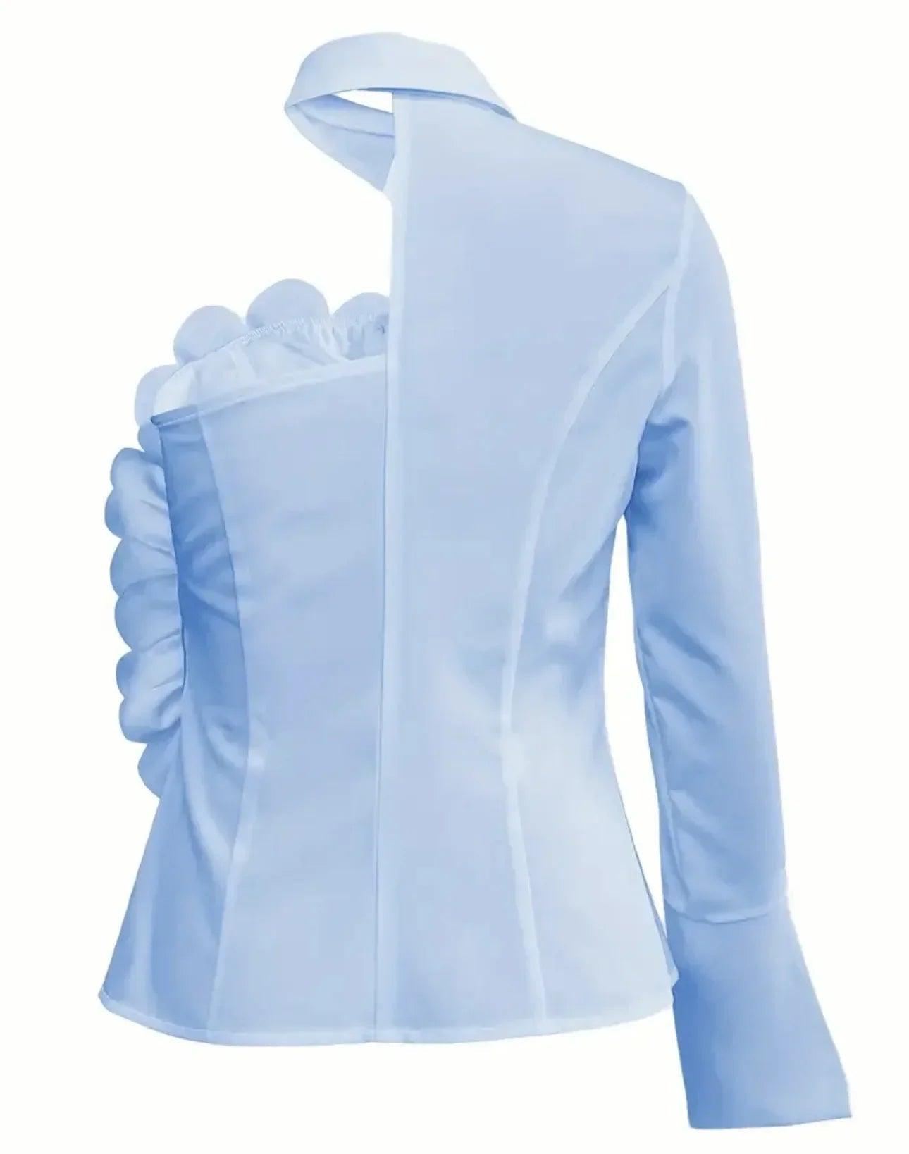 Light blue women's fashion blouse with ruffled one-shoulder design and long sleeves