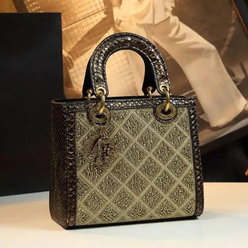 Elegant women's handbag with quilted design, gold hardware, and textured handles for luxury fashion