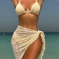 Cream ruched bikini top and matching sarong wrap at beach, women's summer swimwear fashion