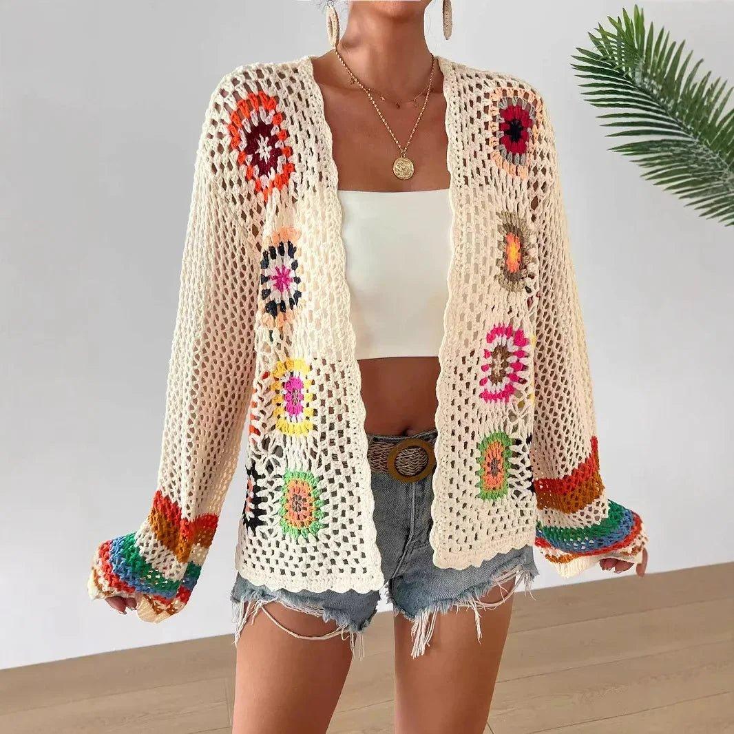 Boho crochet cardigan with colorful floral patterns, perfect for women's summer fashion