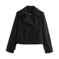 Black women's double-breasted trench coat with belt cuffs, stylish fashion outerwear