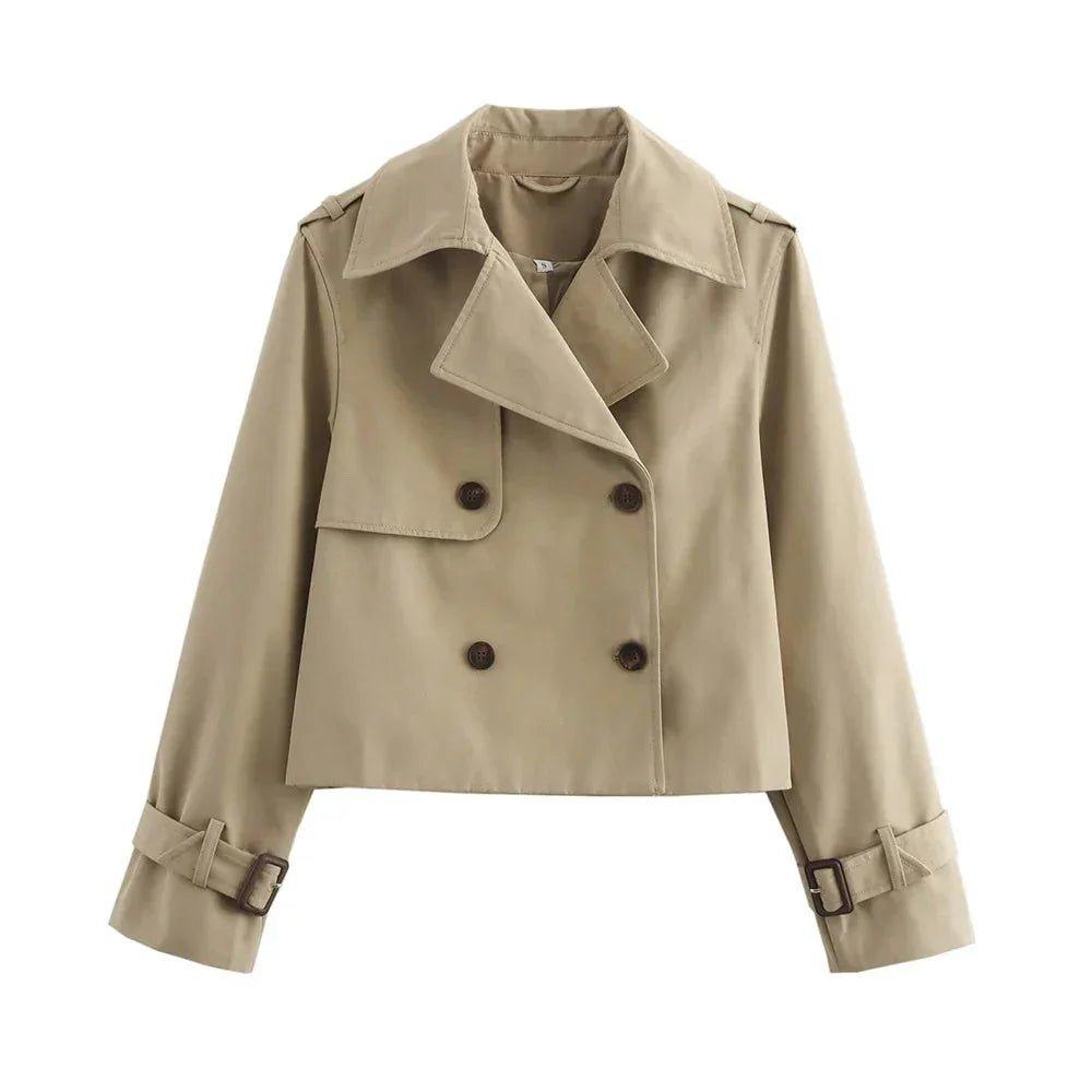 Beige women's double-breasted trench coat with belt cuffs, stylish fashion outerwear