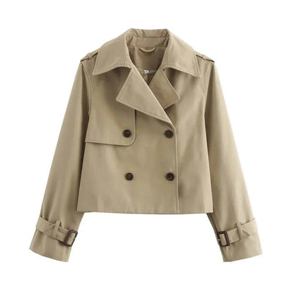 Beige women's double-breasted trench coat with belt cuffs, stylish fashion outerwear