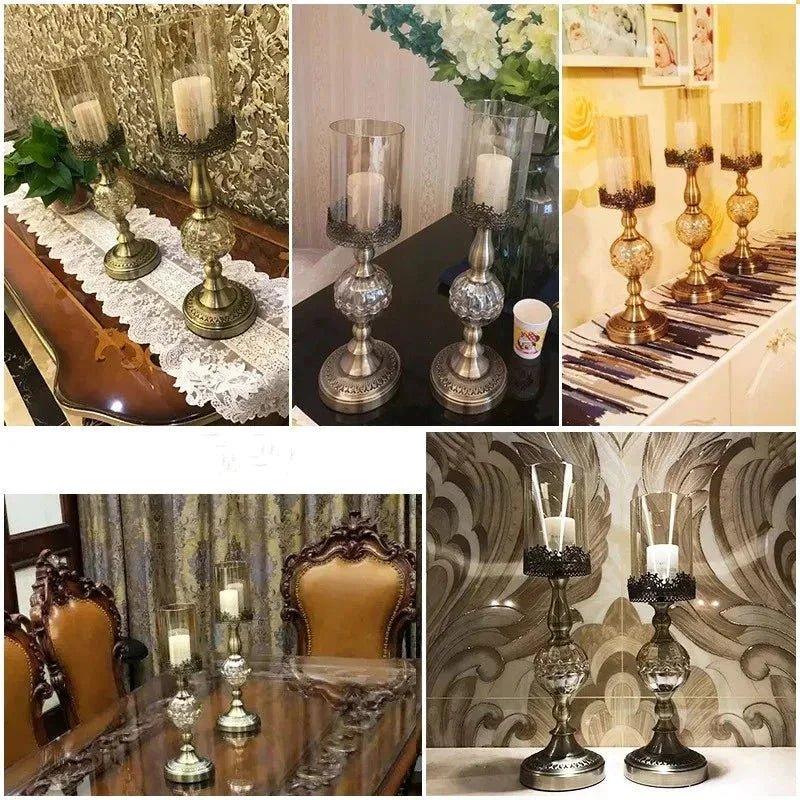 Elegant glass candle holders with ornate metal bases for home decor and table settings