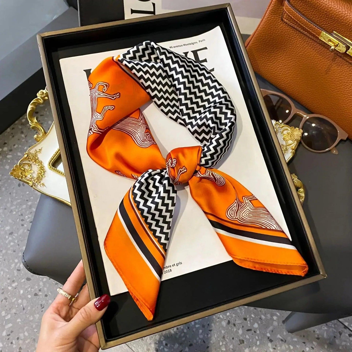 Orange and black zigzag pattern silk scarf in gift box, luxury fashion accessory for women