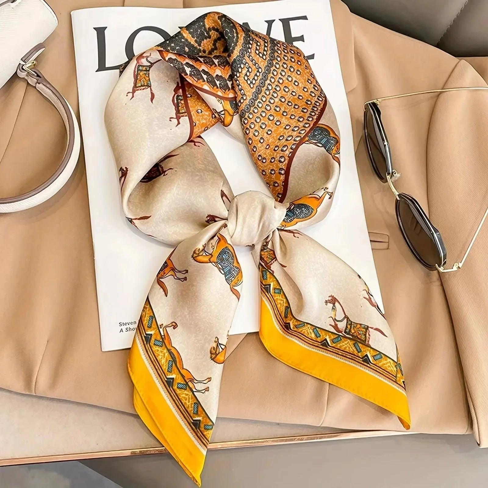 Elegant horse-print silk scarf styled with sunglasses and beige blazer for women's fashion