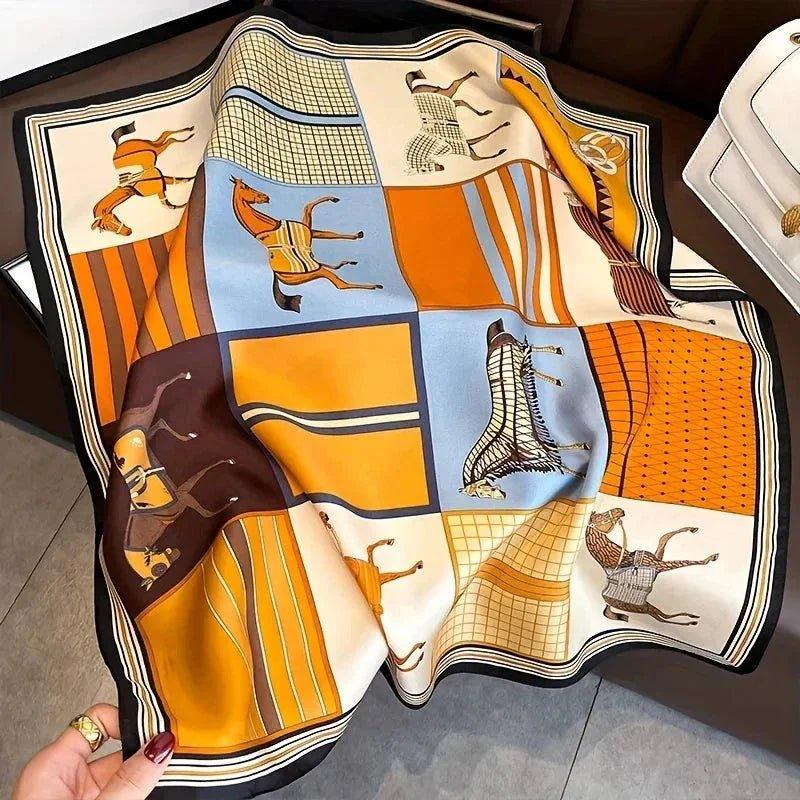 Luxury silk scarf with horse print, vibrant orange blue pattern, fashion accessory for women