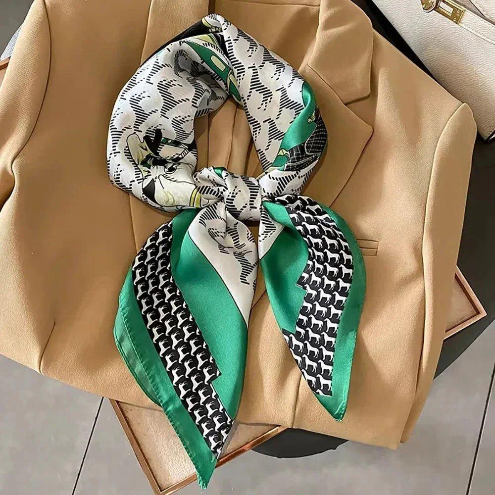 Stylish green and white patterned silk scarf tied on beige blazer, fashion accessory for women