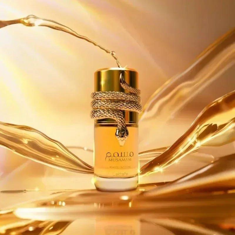 Luxury Musamam perfume bottle with golden snake wrap, elegant fragrance for women, beauty and fashion essential