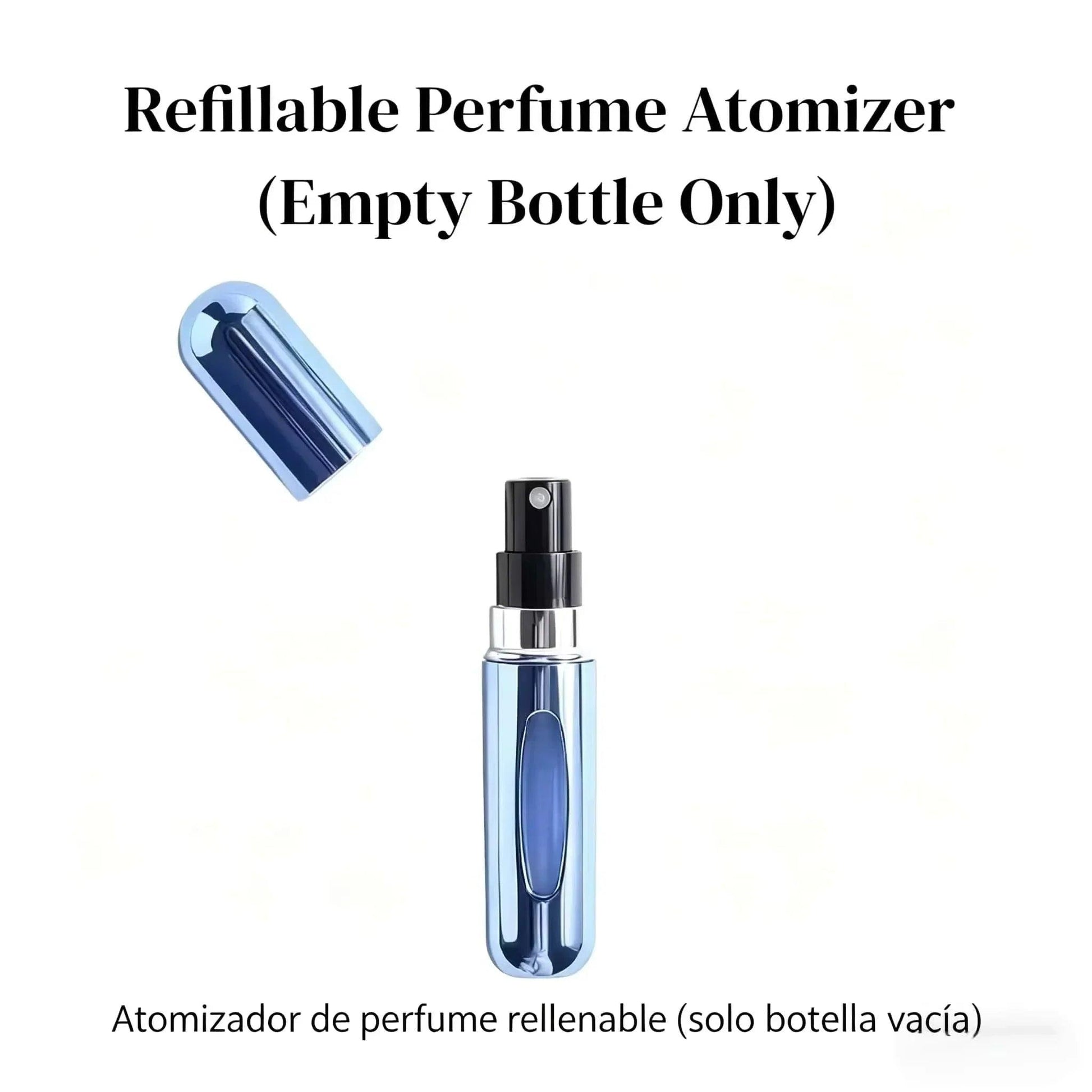 Refillable perfume atomizer bottle with blue metallic finish, empty travel spray for women's fashion beauty