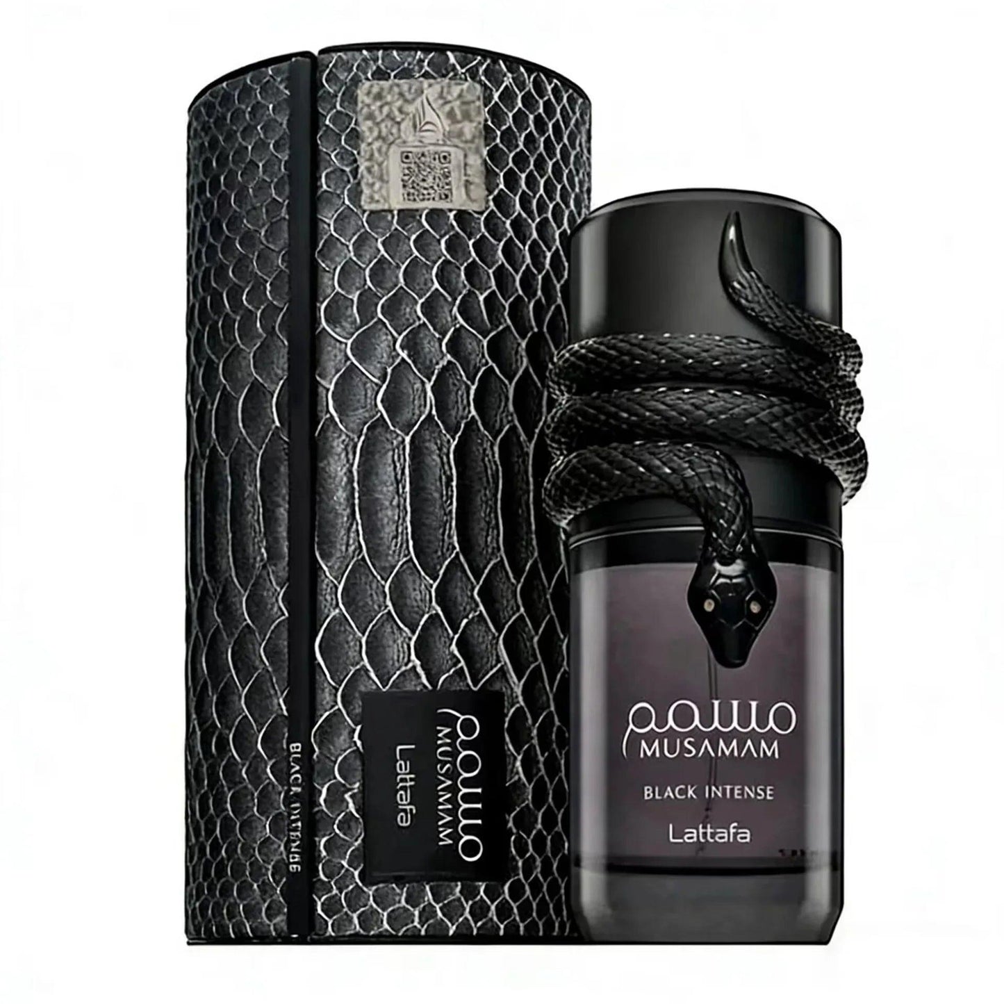Lattafa Musamam Black Intense perfume bottle with snake design and textured box, luxury fragrance for women