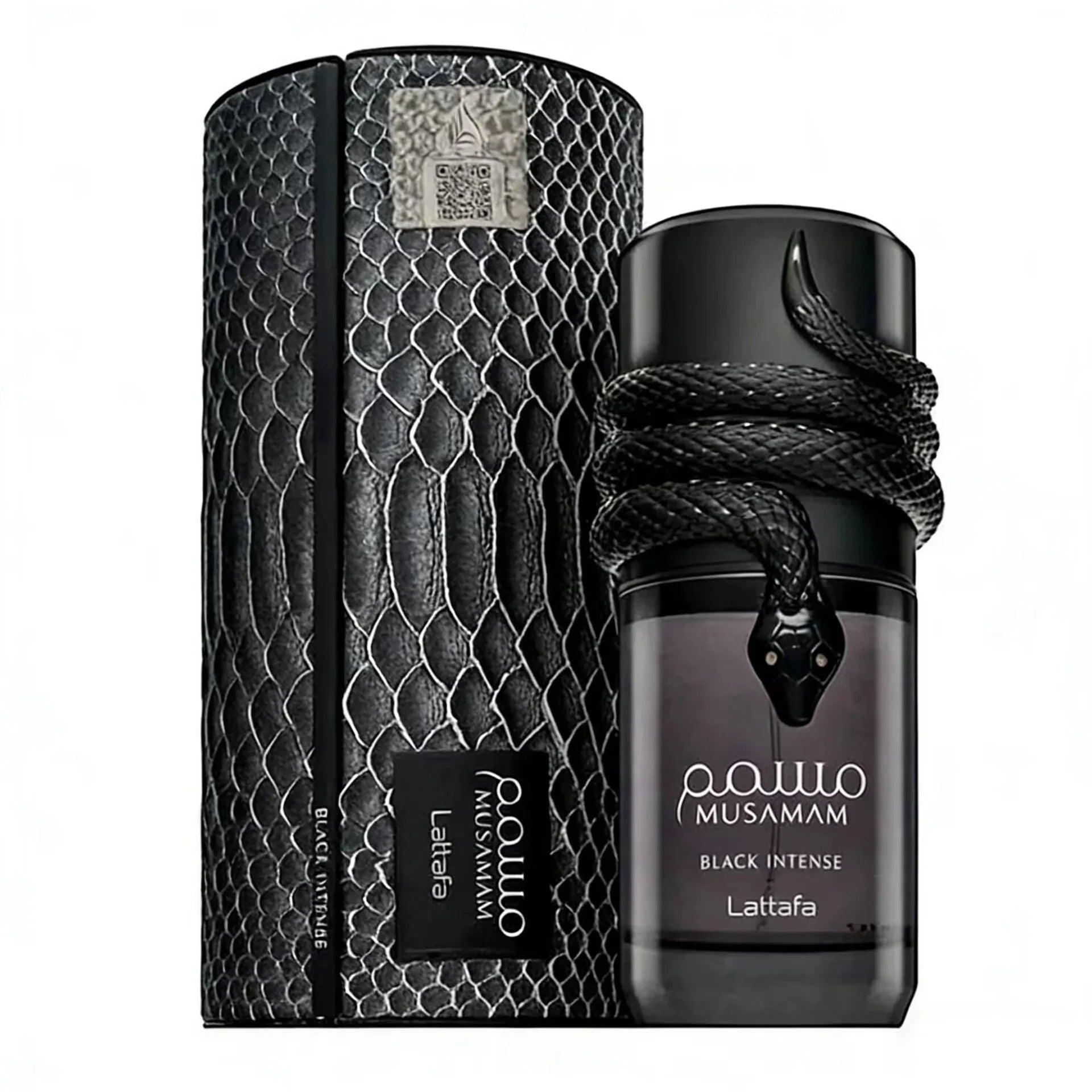 Lattafa Musamam Black Intense perfume bottle with snake design and textured box, luxury fragrance for women