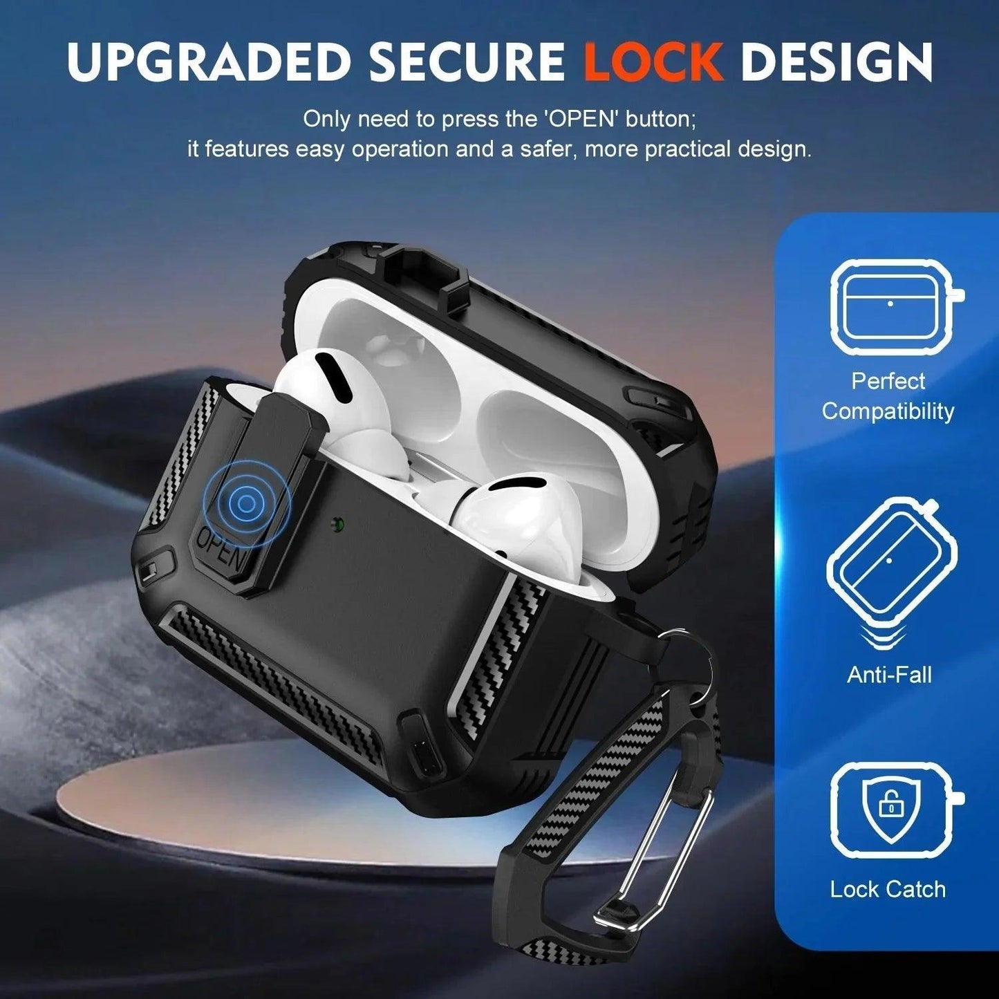 Black rugged AirPods case with secure lock design, anti-fall protection, and carabiner clip for easy carry