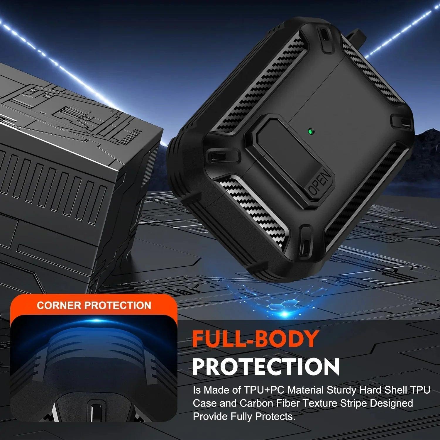 Rugged black phone case with carbon fiber texture, corner protection, and full-body TPU+PC armor design