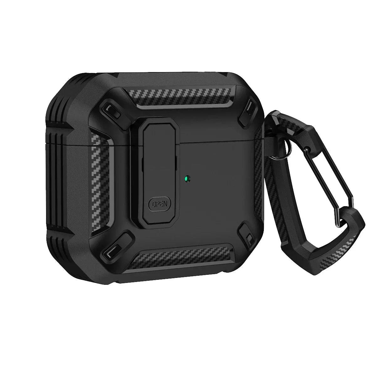 Rugged black AirPods case with carbon fiber texture and carabiner clip, durable protection for wireless earbuds