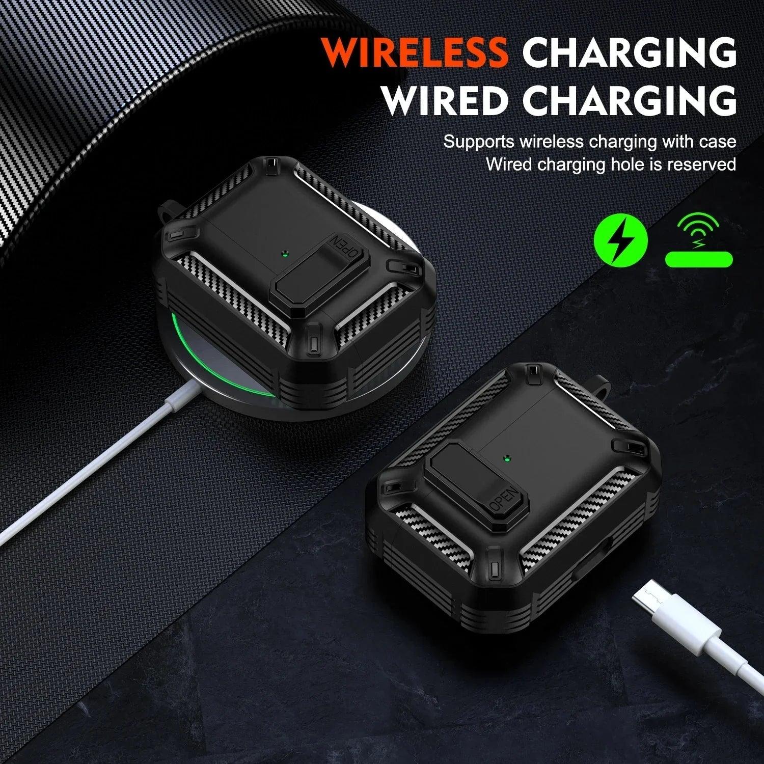 Wireless & wired charging case for earbuds with green LED indicator and USB-C cable