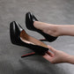 Black pointed-toe high heels with red soles, women's fashion footwear