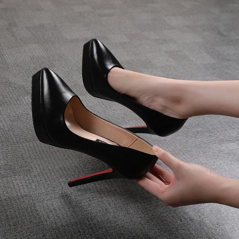 Black pointed-toe high heels with red soles, women's fashion footwear