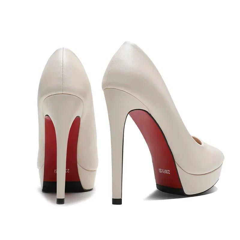 White high heels with red soles, elegant women's fashion footwear