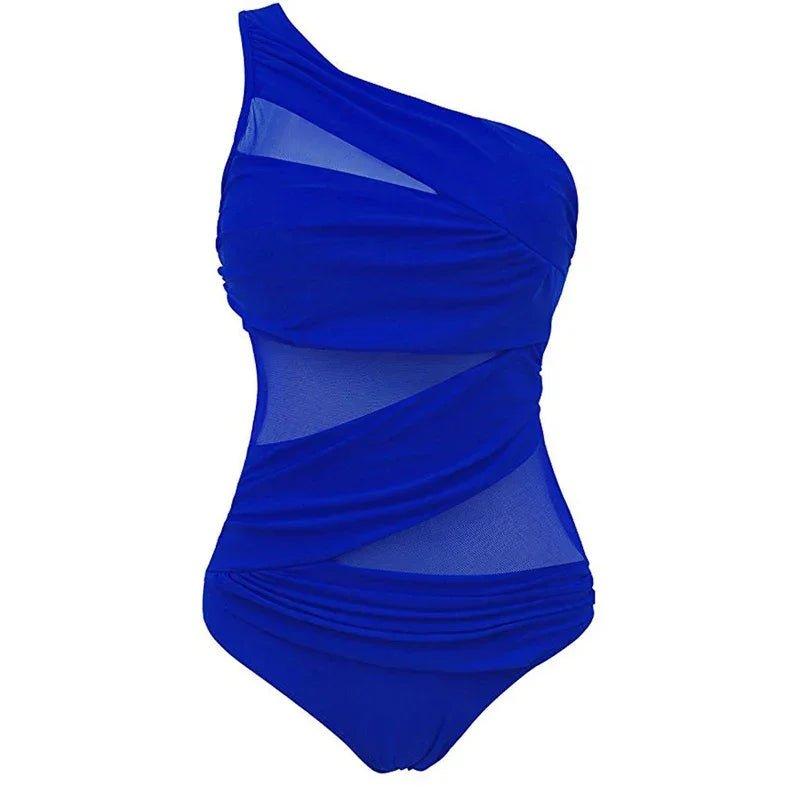 Royal blue one-shoulder swimsuit with mesh panels, women's fashion swimwear