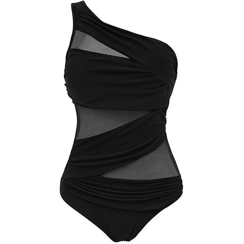 Black one-shoulder swimsuit with mesh panels, stylish women's beachwear fashion