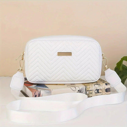 White quilted crossbody bag with chevron pattern and gold hardware, stylish women's fashion accessory