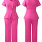 Pink women's fashion suit with chain belt, front and back view
